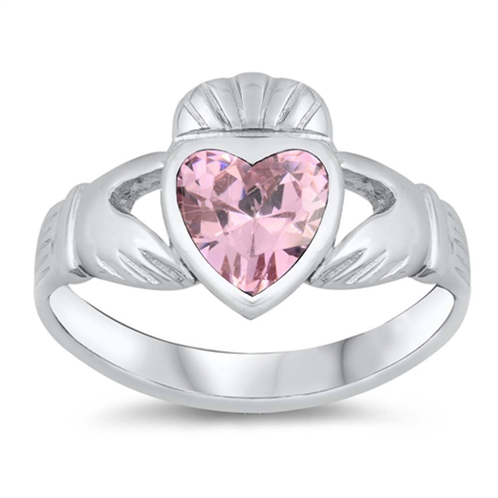 Sterling Silver Claddagh Shaped Pink CZ RingAnd Face Height 12mmAnd Band Width 3mm