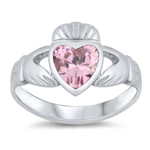 Load image into Gallery viewer, Sterling Silver Claddagh Shaped Pink CZ RingAnd Face Height 12mmAnd Band Width 3mm