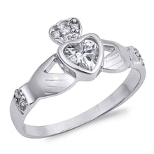 Load image into Gallery viewer, Sterling Silver Claddagh Shaped Clear CZ RingAnd Face Height 12mmAnd Band Width 3mm