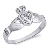Sterling Silver Claddagh Shaped Clear CZ RingAnd Face Height 12mmAnd Band Width 3mm
