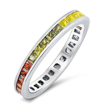 Load image into Gallery viewer, Sterling Silver Classy Eternity Single Band Ring with Multicolor Princess Cut Simulated Diamonds on Channel Setting with Rhodium FinishAnd Band Width 4MM