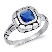 Load image into Gallery viewer, Sterling Silver Rhodium Plated Bali Square With Blue Sapphire CZ RingAnd Face Height 11mmAnd Band Width 2mm