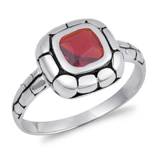 Load image into Gallery viewer, Sterling Silver Rhodium Plated Bali Square With Garnet CZ RingAnd Face Height 11mmAnd Band Width 2mm