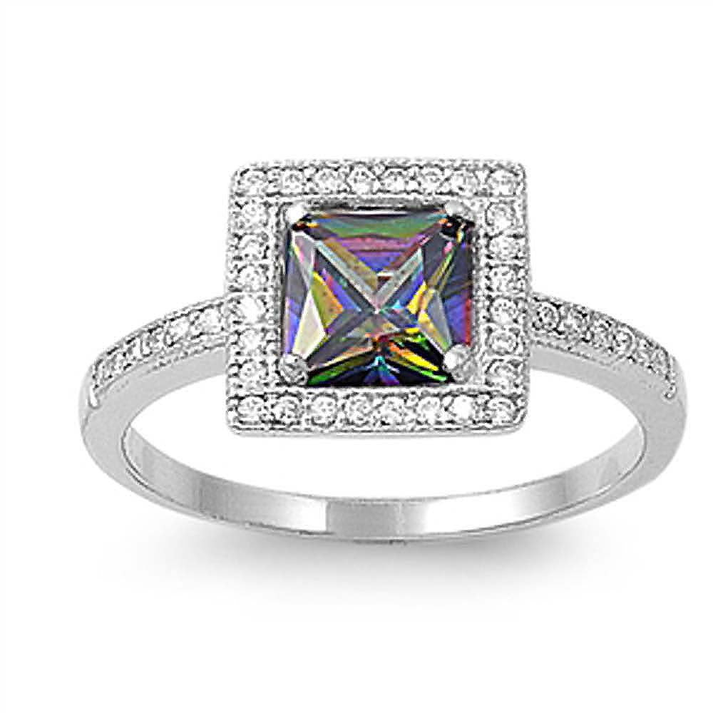 Sterling Silver Rainbow Topaz Princess Cut Simulated Diamond Solitaire Halo Ring with Pave Said ViewsAnd Face Height of 10mm