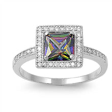 Load image into Gallery viewer, Sterling Silver Rainbow Topaz Princess Cut Simulated Diamond Solitaire Halo Ring with Pave Said ViewsAnd Face Height of 10mm