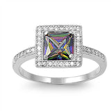 Sterling Silver Rainbow Topaz Princess Cut Simulated Diamond Solitaire Halo Ring with Pave Said ViewsAnd Face Height of 10mm