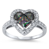 Sterling Silver Solitaire Halo Ring with Centered Heart Cut Rainbow Topaz Simulated DiamondAnd Face Height 13MM