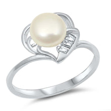 Load image into Gallery viewer, Sterling Silver Heart With Pearl Clear CZ RingAnd Face Height 11mmAnd Band Width 2mm