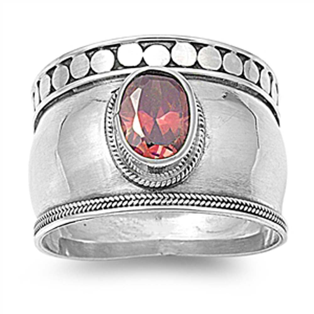 Sterling Silver Garnet Cubic Zirconia Bali Ring
