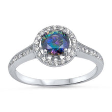 Load image into Gallery viewer, Sterling Silver Solitaire Halo Ring with Centered Round Cut Rainbow Topaz Simulated DiamondAnd Face Height 10MM