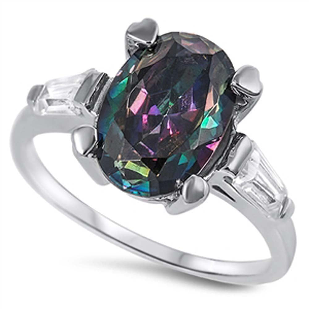 Sterling Silver Solitaire Oval Cut Rainbow Topaz Simulated Diamond Set On Heart Design Prong Setting with Fancy Side ViewAnd Face Height of 12MM
