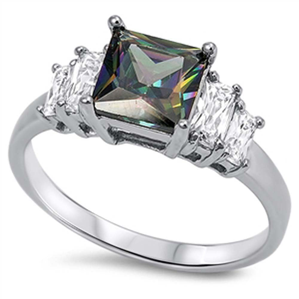 Sterling Silver Centered Princess Cut Rainbow Topaz Simulated Diamond Ring with Baguette Cut Clear Side View Diamonds On Prong SettingAnd Face Height of 8MM