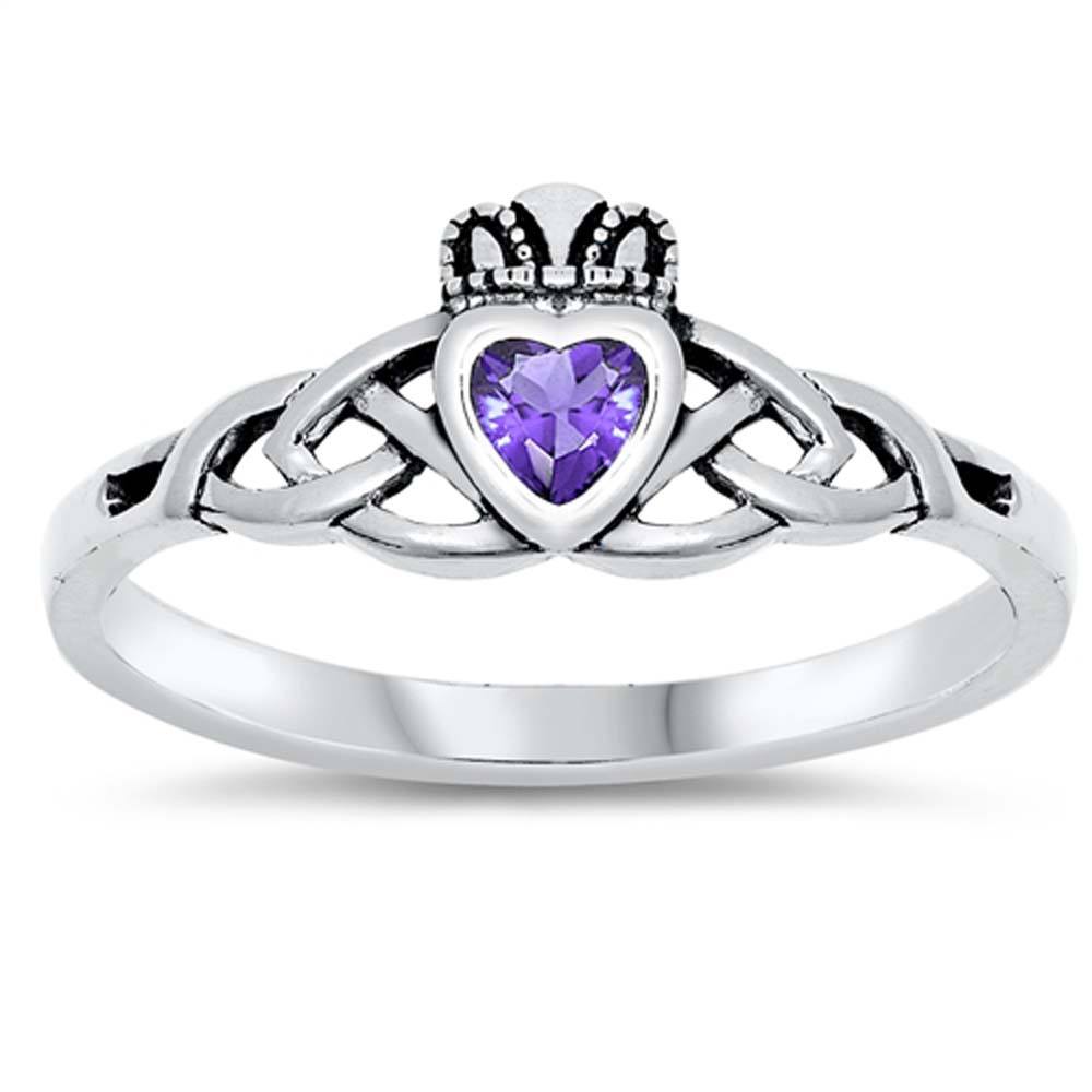 Sterling Silver Amethyst Claddagh Shaped CZ RingAnd Face Height 8mm