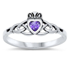 Load image into Gallery viewer, Sterling Silver Amethyst Claddagh Shaped CZ RingAnd Face Height 8mm