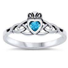 Load image into Gallery viewer, Sterling Silver Blue Topaz Claddagh Shaped CZ RingAnd Face Height 8mm