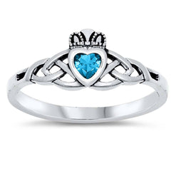 Sterling Silver Blue Topaz Claddagh Shaped CZ RingAnd Face Height 8mm