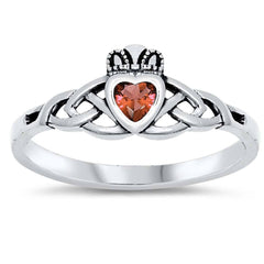 Sterling Silver Garnet Claddagh Shaped CZ RingAnd Face Height 8mm