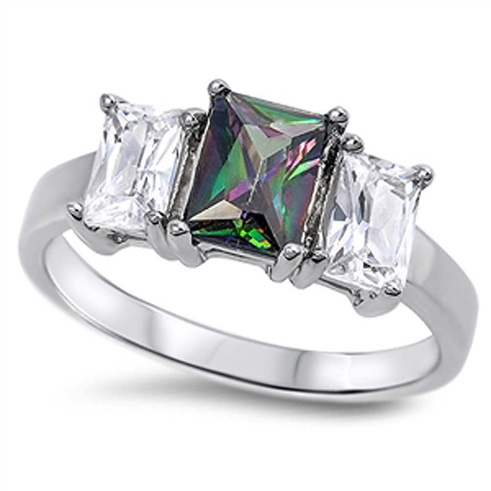 Sterling Silver Elegant 3 Stone Princess Cut Ring with Centered Rainbow Topaz Simulated Diamond On Prong SettingAnd With Face Height 8MM