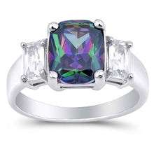 Load image into Gallery viewer, Sterling Silver Elegant 3 Stone Ring with Centered Princess Cut Rainbow Topaz Simulated Diamond On Prong SettingAnd Face Height 10MM
