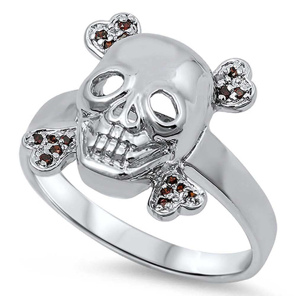 Sterling Silver Skull Shaped Garnet Color CZ RingAnd Face Height 15mm