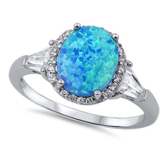 Sterling Silver Stylish Blue Lab Opal Oval Cut with Halo and Inlay Clear CZ RingAnd Face Height of 12MM