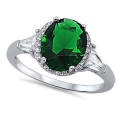 Sterling Silver Elegant Emerald Cz Ring with Pave Halo Setting and Baguette Clear Cz on Both SidesAnd Face Height of 12MM