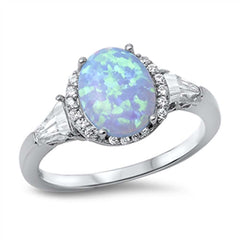 Sterling Silver Elegant Solitaire Pronged Oval Cut Light Blue Lab Opal with Paved Halo Setting and Clear Tapered Baguette on Each Side RingAnd Face Height of 12MM