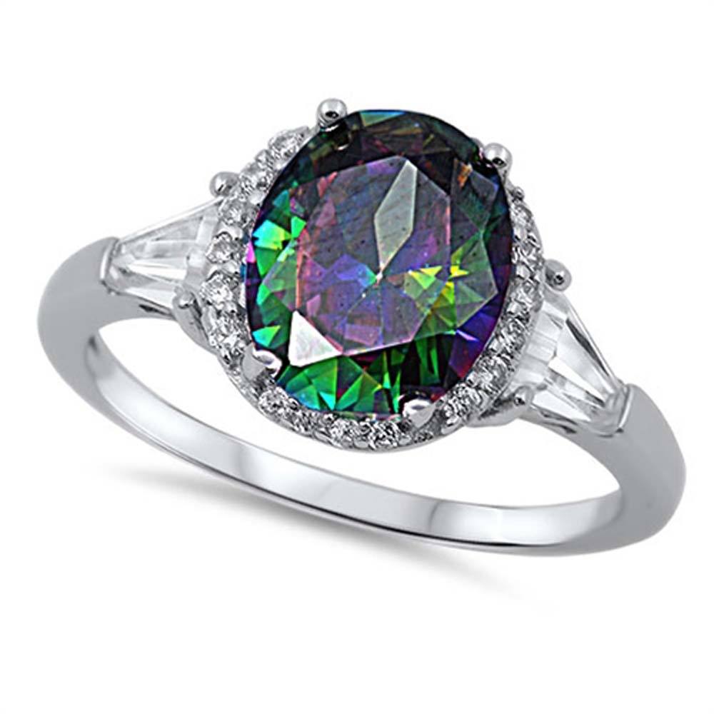 Sterling Silver Centered Round Cut Rainbow Topaz Simulated Diamond with Face Height 12MM