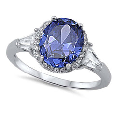Sterling Silver Oval Shaped Tanzanite And Clear CZ RingAnd Face Height 12mm