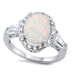 Sterling Silver Stylish White Lab Opal Oval Cut with Halo and Inlay Clear CZ RingAnd Face Height of 12MM