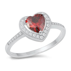 Sterling Silver Heart Garnet CZ and Clear CZ Ring