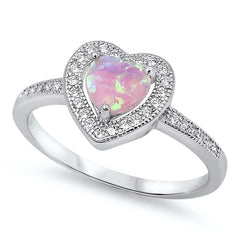 Sterling Silver Trendy Pink Lab Opal Heart Shape with Halo and Inlay Clear CZ RingAnd Face Height of 10MM