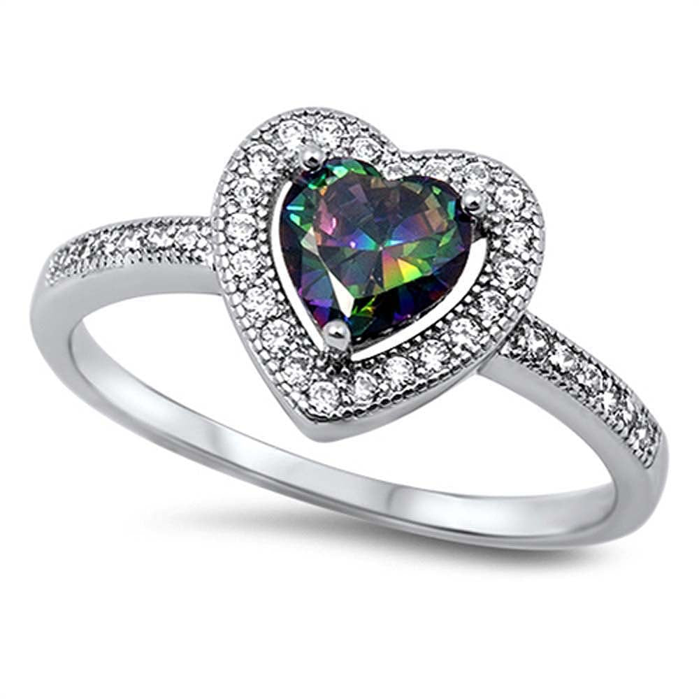 Sterling Silver Solitaire Halo Ring with Centered Heart Cut Rainbow Topaz Simulated DiamondAnd Face Height 10MM