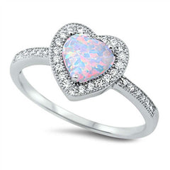 Sterling Silver Trendy White Lab Opal Heart Shape with Halo and Inlay Clear CZ RingAnd Face Height of 10MM