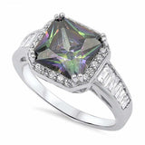 Sterling Silver Solitaire Peincess Cut Rainbow Topaz Simulated Diamond On Prong Setting with Halo DesignAnd Face Height 12MM