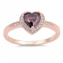 Sterling Silver Rose Gold Plated Coffee Colored Heart Shaped Clear CZ RingAnd Face Height 8mm