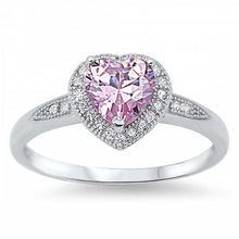 Load image into Gallery viewer, Sterling Silver Trendy Heart Pink Cz with Halo Clear Czs Inlaid RingAnd Face Height of 8MM