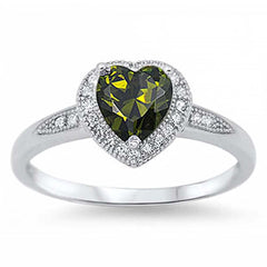 Sterling Silver Trendy Heart Peridot Cz with Halo Clear Czs Inlaid RingAnd Face Height of 8MM