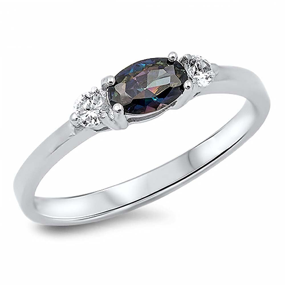 Sterling Silver Elegant 3 Stone Ring with Centered Oval Cut  Rainbow Topaz Simulated Diamond On Prong SettingAnd Face Height 4MM