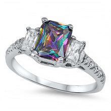 Load image into Gallery viewer, Sterling Silver 3 Stone Radiant Cut Rainbow Topaz Simulated Diamond On Prong Setting And Face Height 7MM