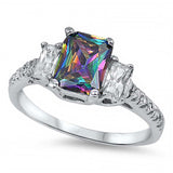 Sterling Silver 3 Stone Radiant Cut Rainbow Topaz Simulated Diamond On Prong Setting And Face Height 7MM