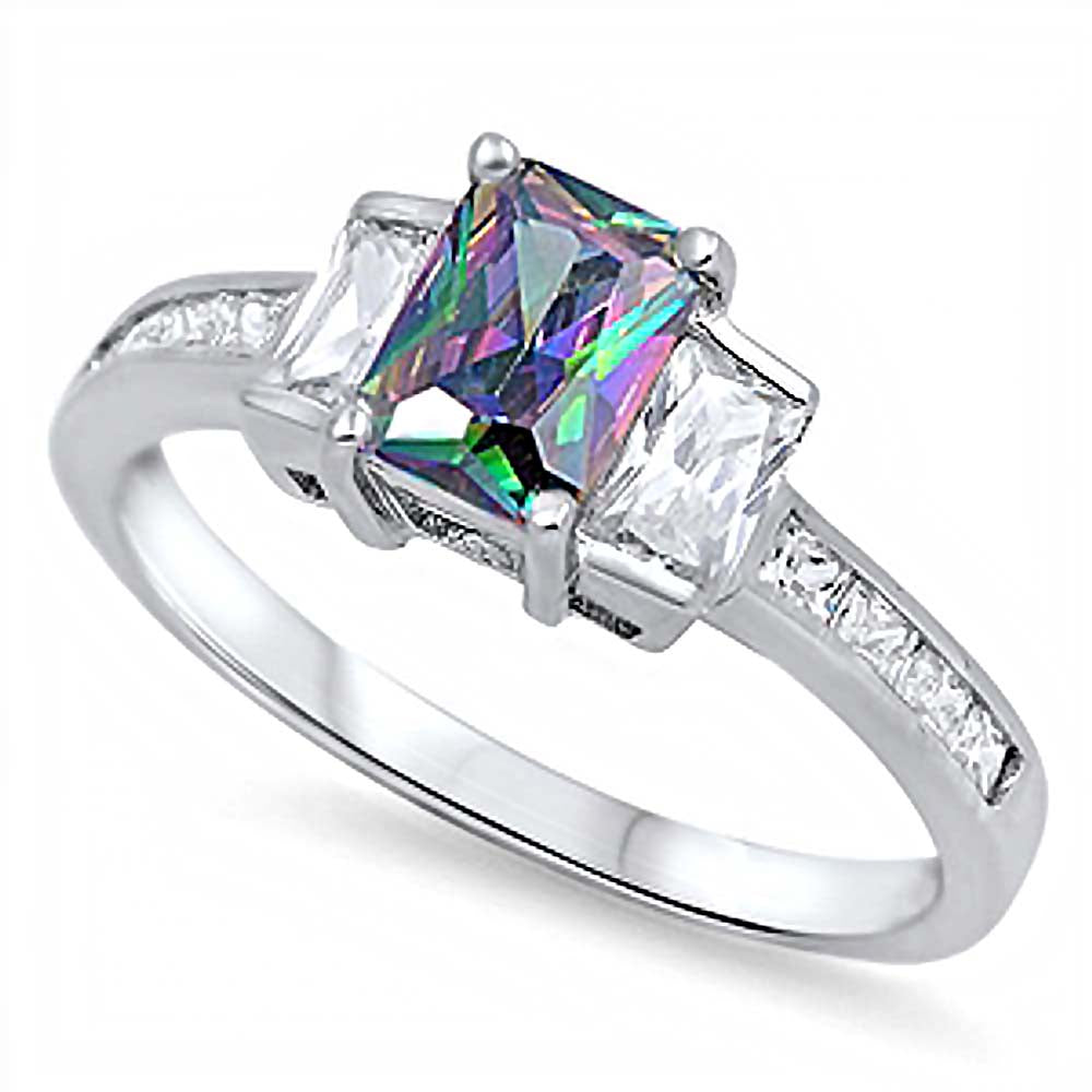 Sterling Silver 3 Stone Radiant Cut Rainbow Topaz Simulated Diamond On Prong Setting And Face Height 8MM