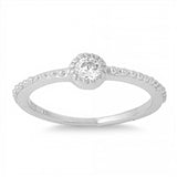 Sterling Silver Fine Stackable Ring with Clear Round Simulated Diamond with Round Pave Halo Style BandAnd Height of 4 mm