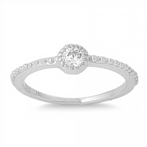 Sterling Silver Fine Stackable Ring with Clear Round Simulated Diamond with Round Pave Halo Style BandAnd Height of 4 mm