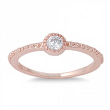 Load image into Gallery viewer, Sterling Silver Rose Gold Plated Fine Stackable Ring with Clear Round Simulated Diamond with Round Pave Halo Style BandAnd Height of 4 mm