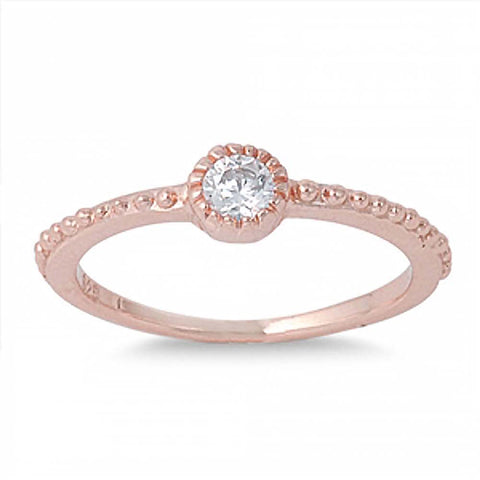 Sterling Silver Rose Gold Plated Fine Stackable Ring with Clear Round Simulated Diamond with Round Pave Halo Style BandAnd Height of 4 mm