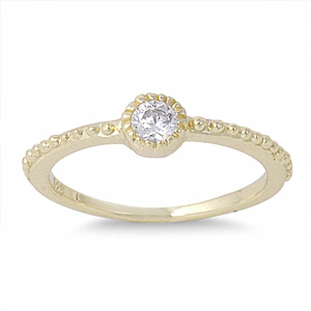 Sterling Silver Yellow Gold Plated Fine Stackable Ring with Clear Round Simulated Diamond with Round Pave Halo Style BndAnd Face Height of 4 mm
