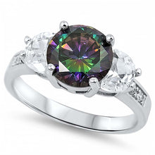 Load image into Gallery viewer, Sterling Silver Elegant 3 Stone Ring with Centered Rainbow Topaz Simulated Diamond On Prong SettingAnd Face Height 8MM