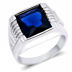 Sterling Silver Rhodium Plated Square Blue Sapphire CZ RingAnd Face Height 14mm