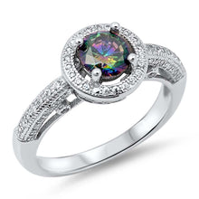 Load image into Gallery viewer, Sterling Silver Classy Solitaire Round Rainbow Topaz Cz with Halo Clear Cz RingAnd Face Height of 10MM